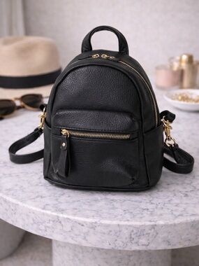 Black Faux Leather Mini Backpack Gold Zip Compact Bag